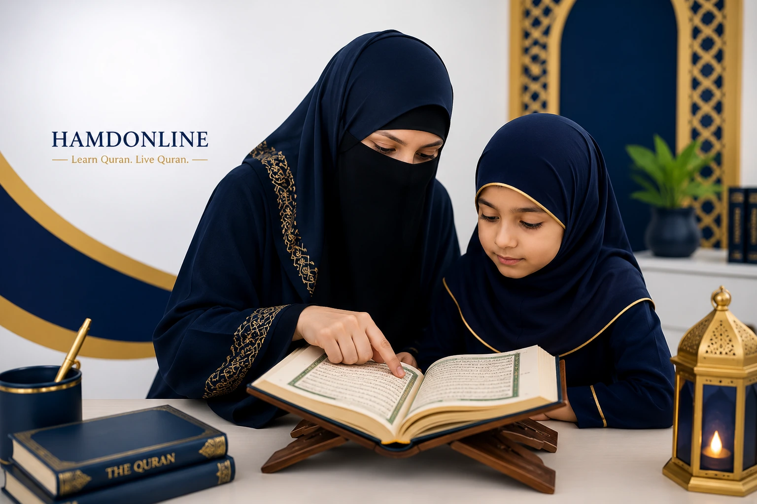 Female Quran teacher wearing a niqab teaching a young child to read the Holy Quran online.