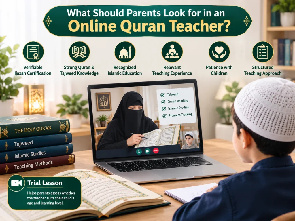 Online Quran teacher guiding a child in Quran and Tajweed lessons