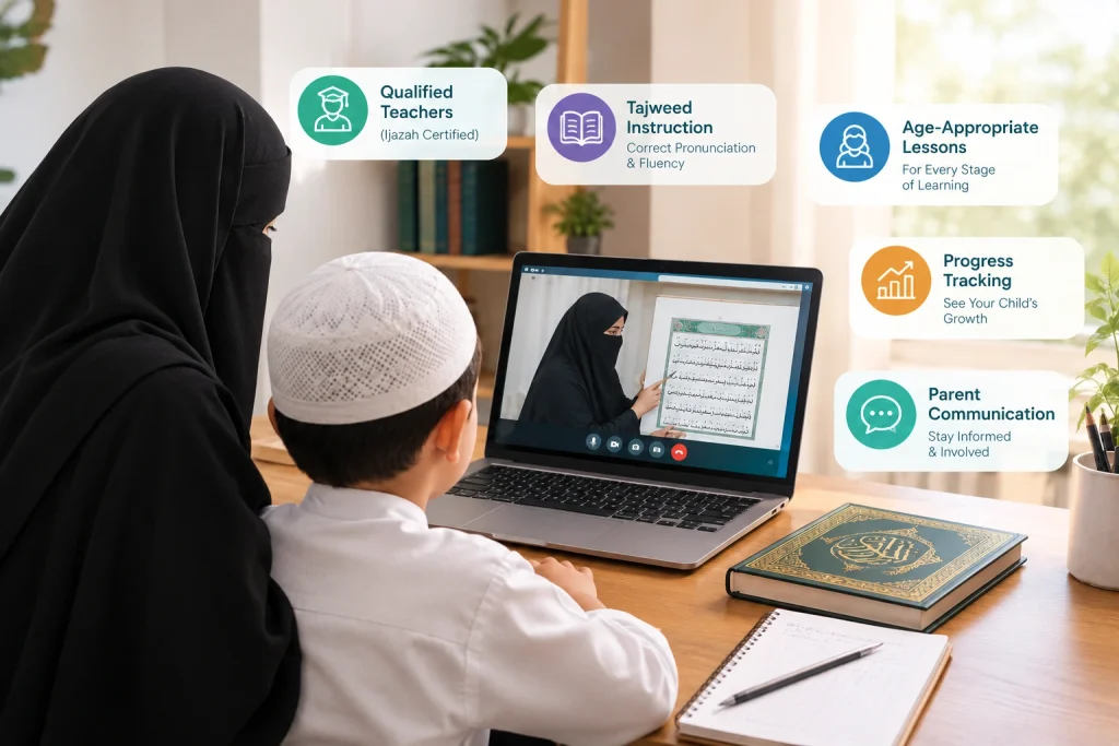 Mother and young boy learning the Quran online with a Muslim female teacher, featuring Tajweed lessons, qualified teachers in an online Quran academy, progress tracking, and parent communication.