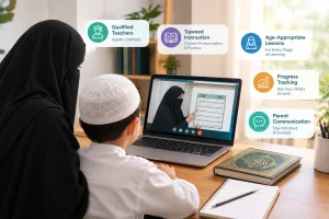 Mother and young boy learning the Quran online with a Muslim female teacher, featuring Tajweed lessons, qualified teachers in an online Quran academy, progress tracking, and parent communication.